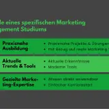 Vorteile eines Marketing Management Studiums: Praxisnahe Ausbildung, aktuelle Trends & Tools, gezielte Marketing-Expertise.