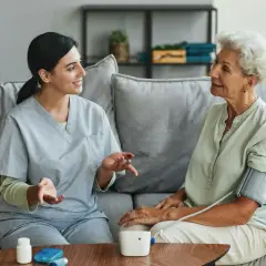 Pflegekraft misst Blutdruck bei älterer Dame. Ein Beispiel für wichtige soziale Berufe, die Menschen im Alltag unterstützen.