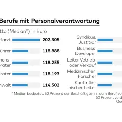 Top-10-Berufe mit Personalverantwortung: Chefarzt, Geschäftsführer, Unternehmensberater, Steuerberater, Rechtsanwalt, Syndikus, Business Developer, Leiter Vertrieb, Med. Forscher, Kaufmännischer Leiter. Gut bezahlte Berufe mit Kindern.