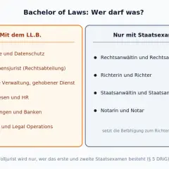 Bachelor of Laws: Was kann ich damit machen? LL.B. ermöglicht Tätigkeiten in Compliance, Unternehmensrecht, HR, Versicherungen & Banken, Legal Tech. Staatsexamen ist für Anwalt, Richter, Staatsanwalt, Notar nötig.