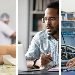 Vielfalt am Arbeitsplatz: Eine Bäckerin, ein Büroangestellter und eine Mechanikerin zeigen, wie vielfältig jobs mit menschen sein können.