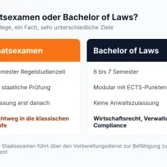 Vergleich von Staatsexamen und Bachelor of Laws für das Jurastudium: Dauer, Prüfungen und Berufswege.