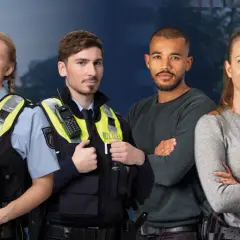 Polizisten und Zivilisten stehen zusammen. Die Polizei NRW ist im Einsatz.