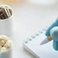 Blaue Handschuhe halten eine Kapsel, daneben stehen Behälter mit Pillen. Eine Hand mit Handschuh schreibt auf einem Notizbuch. Ein Einblick in das Oecotrophologie Studium.