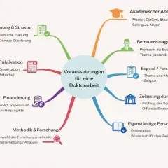 Mindmap zeigt Voraussetzungen für eine Doktorarbeit: akademischer Abschluss (Master, Diplom), Betreuerzusage, Exposé, Zulassung, Forschungsleistung, Methodik, Finanzierung, Publikation, Planung.