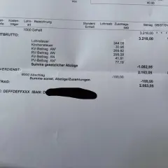 Gehaltsabrechnung zeigt Brutto von 3.216,00. Das Finanzwirtin Gehalt nach Abzügen beträgt 2.053,05.