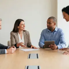 Vier Personen besprechen bei einem Meeting die Gehaltsentwicklung im sozialmanagement.