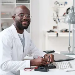 Ein Techniker im weißen Kittel prüft mit einem Multimeter eine Platine. Er lächelt in die Kamera, während er an seiner Arbeit sitzt und sich fragt, wie viel verdient ein Techniker in diesem Bereich.