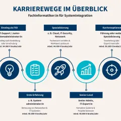 Karrierewege für Fachinformatiker:in Systemintegration: Einstieg ab 34.000€, Spezialisierung ab 44.000€, Senior-Level ab 48.000€, Karriereoptionen ab 58.200€ brutto/Jahr.