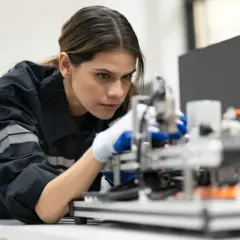 Frau in Arbeitskleidung mit Handschuhen arbeitet konzentriert an einer Maschine. Ein Beispiel für moderne Industrieberufe.