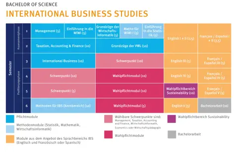 Studienplan für "International Business Studies" mit Modulen wie Management, Taxation, Accounting & Finance, VWL und Sprachen. Zeigt den Weg zur internationalen Wirtschaft.