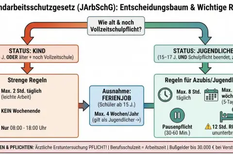 Entscheidungsbaum zum Jugendarbeitsschutz: Regeln für Kinder, Jugendliche und Ferienjobs. Minijob ab 16 möglich.