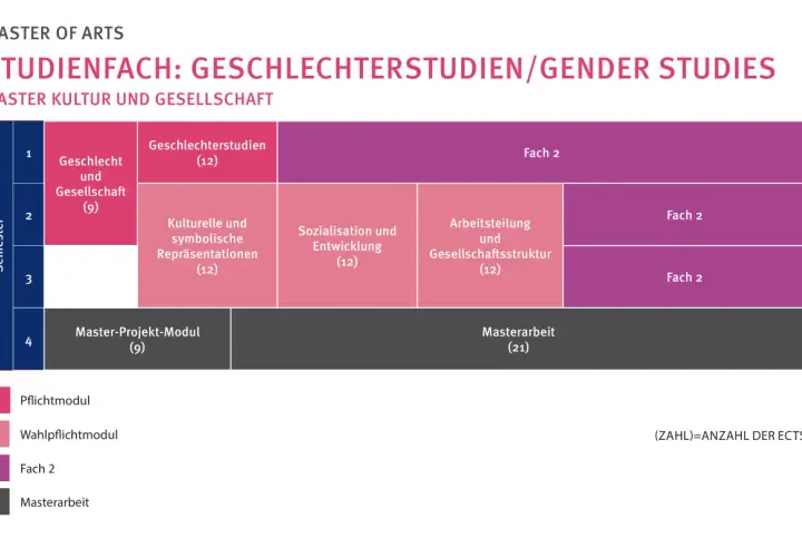 Studienplan für ein Masterstudium in Gender Studies. Zeigt Module wie "Geschlecht und Gesellschaft" und "Masterarbeit".