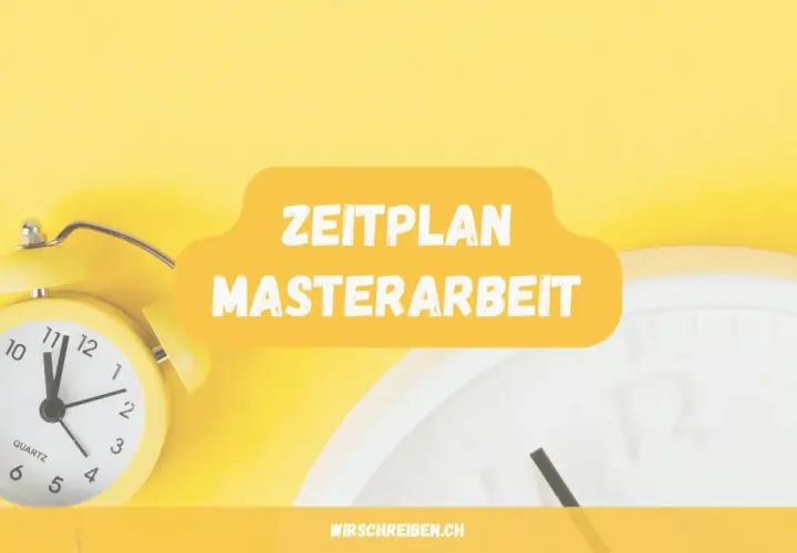 Gelber Wecker und eine Uhr im Hintergrund, dane der Schriftzug "Zeitplan Masterarbeit".