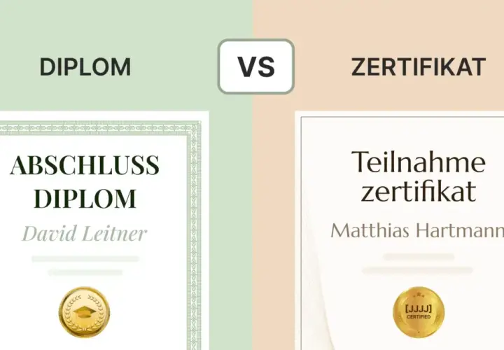 Vergleich: Ein Abschluss-Diplom für David Leitner steht einem Teilnahme-Zertifikat für Matthias Hartmann gegenüber.