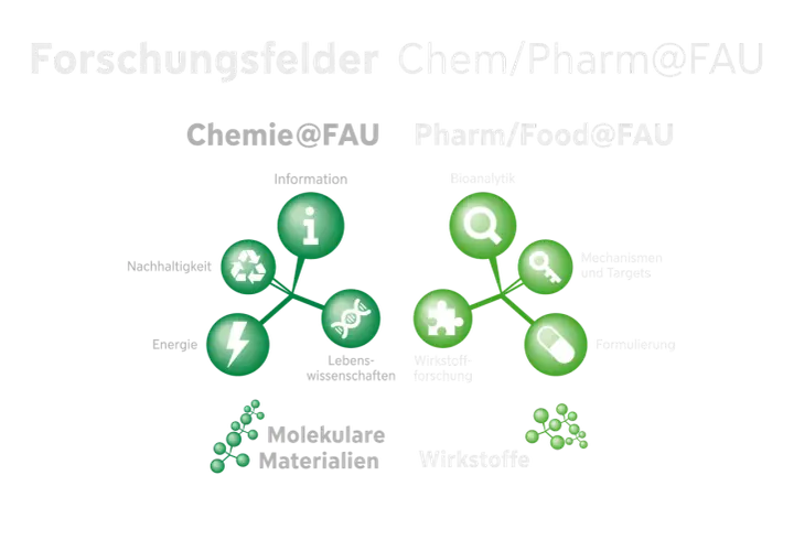 Forschungsfelder Chemie@FAU & Pharm/Food@FAU. Ein konsekutiver Master kann hier in Bereichen wie Wirkstoffforschung, Bioanalytik oder molekulare Materialien vertieft werden.