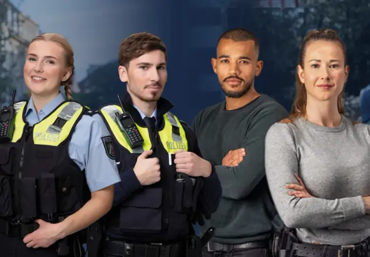 Polizisten und Zivilisten stehen zusammen. Die Polizei NRW ist im Einsatz.