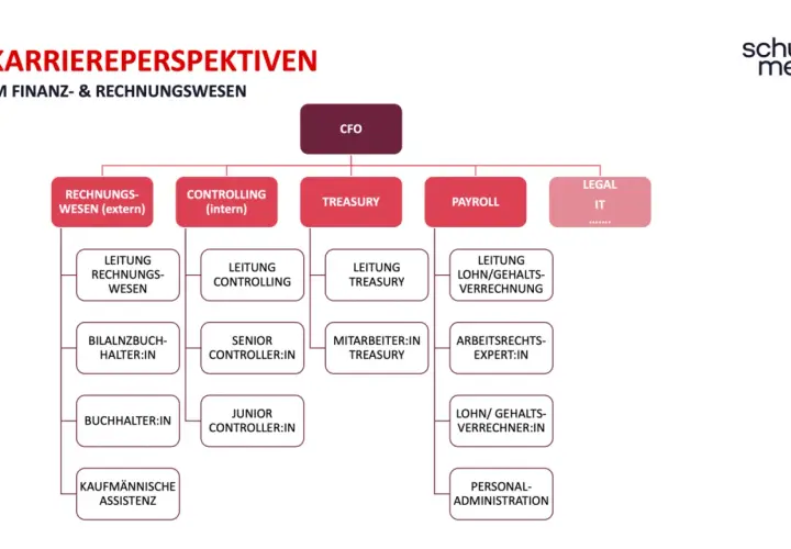 Karrierewege im Finanz- & Rechnungswesen: CFO, Controlling, Treasury, Payroll, Legal/IT. Zeigt verschiedene Rollen wie Buchhalter, Controller und Lohnverrechner.