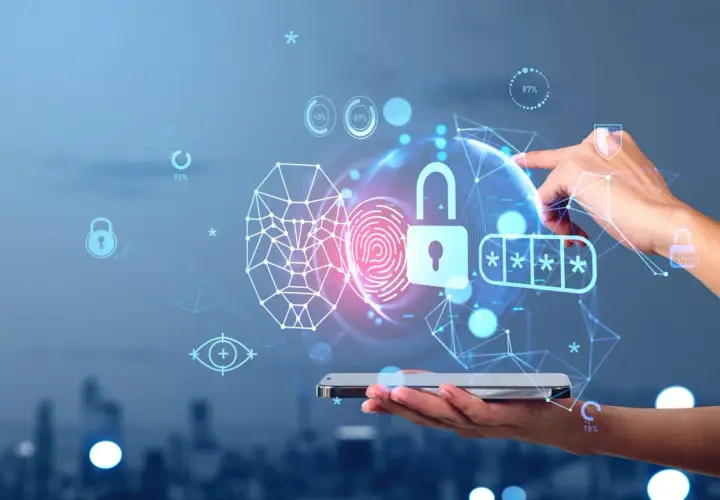 Digitale Sicherheit im Fokus: Ein Finger berührt eine virtuelle Welt mit Symbolen für Sicherheit, Fingerabdrücke und Passwörter. Ideal für ein sicherheitsmanagement studium.