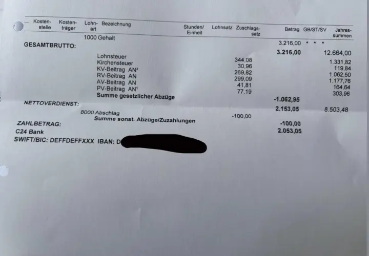 Gehaltsabrechnung zeigt Brutto von 3.216,00. Das Finanzwirtin Gehalt nach Abzügen beträgt 2.053,05.