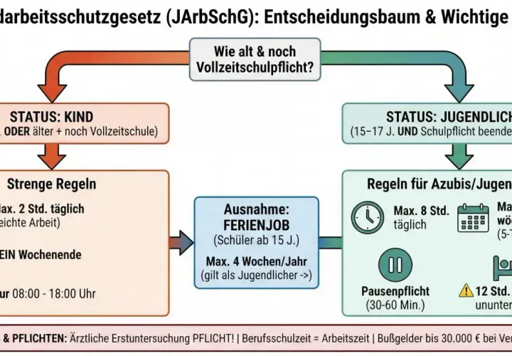 Entscheidungsbaum zum Jugendarbeitsschutz: Regeln für Kinder, Jugendliche und Ferienjobs. Minijob ab 16 möglich.
