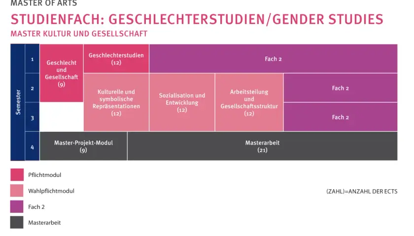 Studienplan für ein Masterstudium in Gender Studies. Zeigt Module wie "Geschlecht und Gesellschaft" und "Masterarbeit".