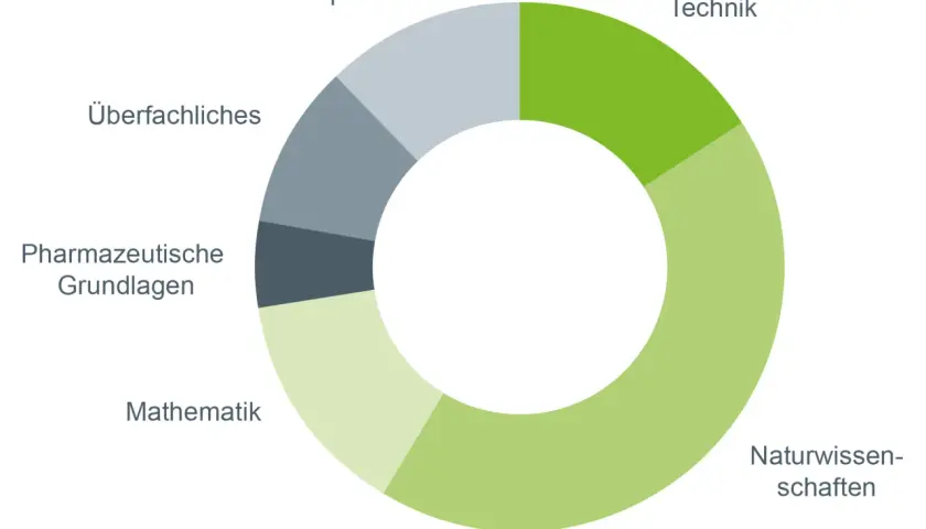 Kreisdiagramm zeigt die Module eines Studiums Biotechnologie: Naturwissenschaften, Mathematik, Pharmazeutische Grundlagen, Überfachliches und Wahlpflicht/Technik.