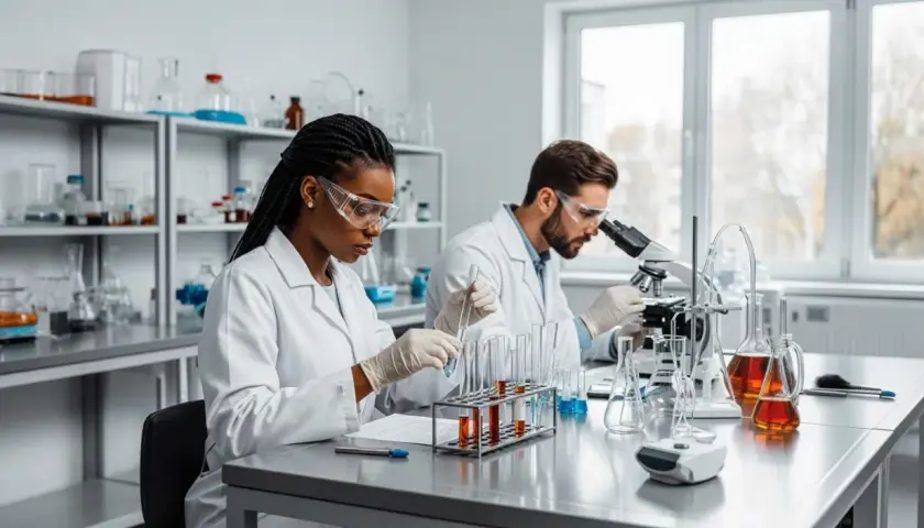 Zwei Wissenschaftler im Labor, die mit Reagenzgläsern und einem Mikroskop arbeiten. Einer von ihnen, ein angehender Master of Laws, vertieft sich in die Forschung.