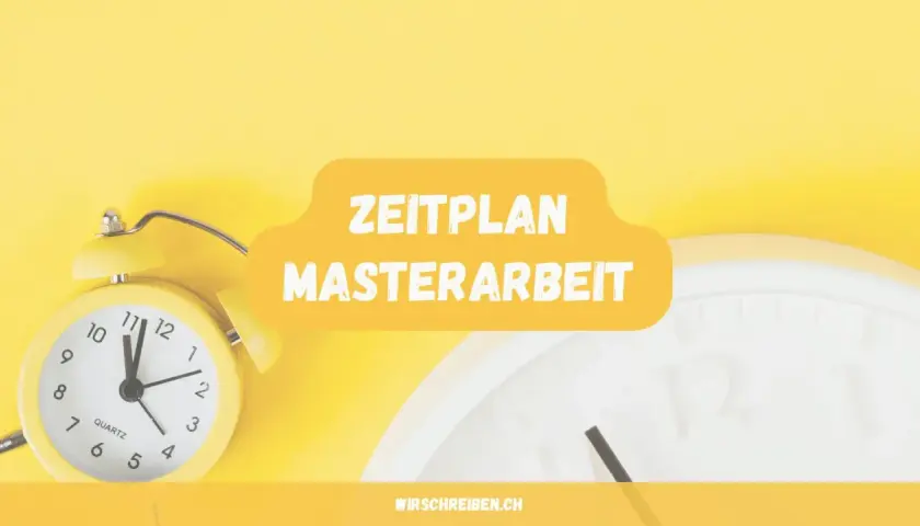 Gelber Wecker und eine Uhr im Hintergrund, dane der Schriftzug "Zeitplan Masterarbeit".