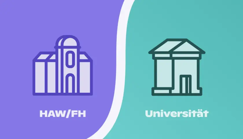 Grafik zeigt Gebäude für HAW/FH und Universität. Die Entscheidung zwischen unterschiedlicher uni und hochschule ist wichtig.