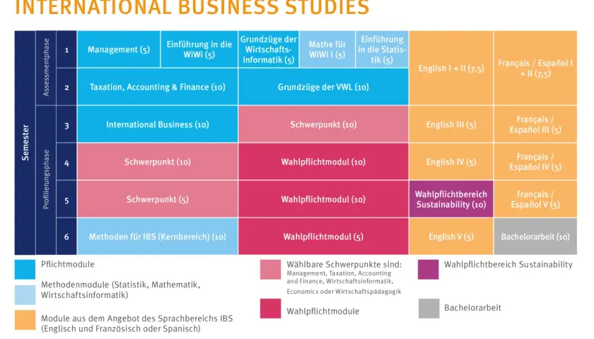 Studienplan für den Bachelor of Science in International Business Studies. Zeigt Module über 6 Semester, Pflicht- und Wahlpflichtbereiche.
