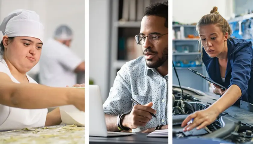 Vielfalt am Arbeitsplatz: Eine Bäckerin, ein Büroangestellter und eine Mechanikerin zeigen, wie vielfältig jobs mit menschen sein können.