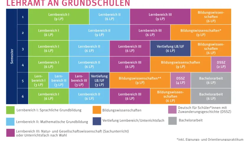 Der Lehrplan zeigt, wie lange dauert ein Lehramtsstudium an Grundschulen: 6 Semester mit verschiedenen Lernbereichen und Praktika.