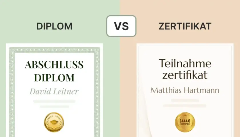 Vergleich: Ein Abschluss-Diplom für David Leitner steht einem Teilnahme-Zertifikat für Matthias Hartmann gegenüber.