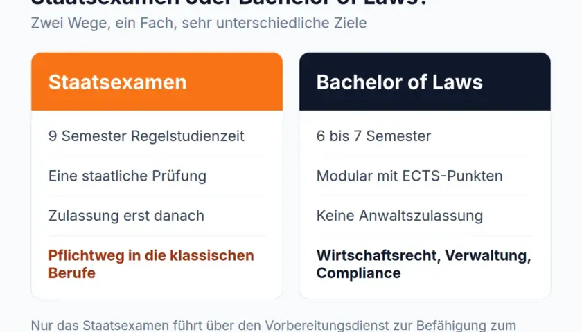 Vergleich von Staatsexamen und Bachelor of Laws für das Jurastudium: Dauer, Prüfungen und Berufswege.