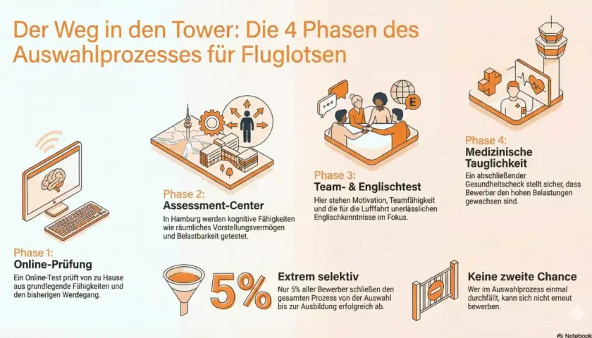 Der Weg zum Fluglotsen: 4 Phasen des Auswahlprozesses. Nur 5% schaffen die Ausbildung. Das Gehalt ist attraktiv, aber die Ausbildung ist extrem selektiv.