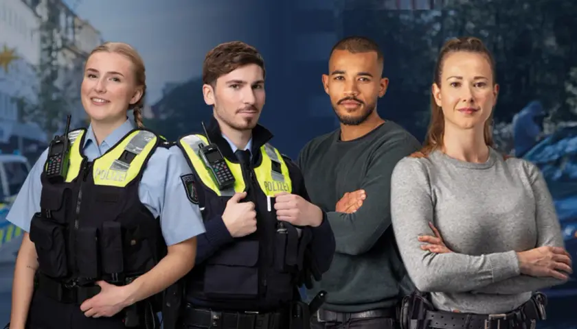 Polizisten und Zivilisten stehen zusammen. Die Polizei NRW ist im Einsatz.