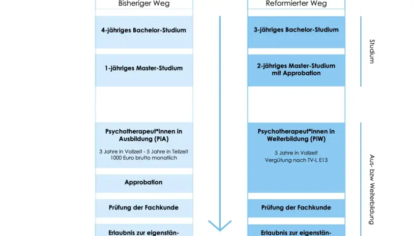 Der Weg zur Psychotherapeutin: früher 4 Jahre Bachelor, 1 Jahr Master, dann Ausbildung (PIA). Reformiert: 3 Jahre Bachelor, 2 Jahre Master mit Approbation, dann Weiterbildung (PiW).