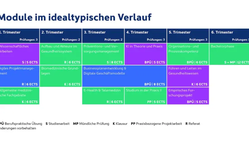 Übersicht über Module im medizinmanagement studium über sechs Trimester, mit Prüfungsformen und ECTS.