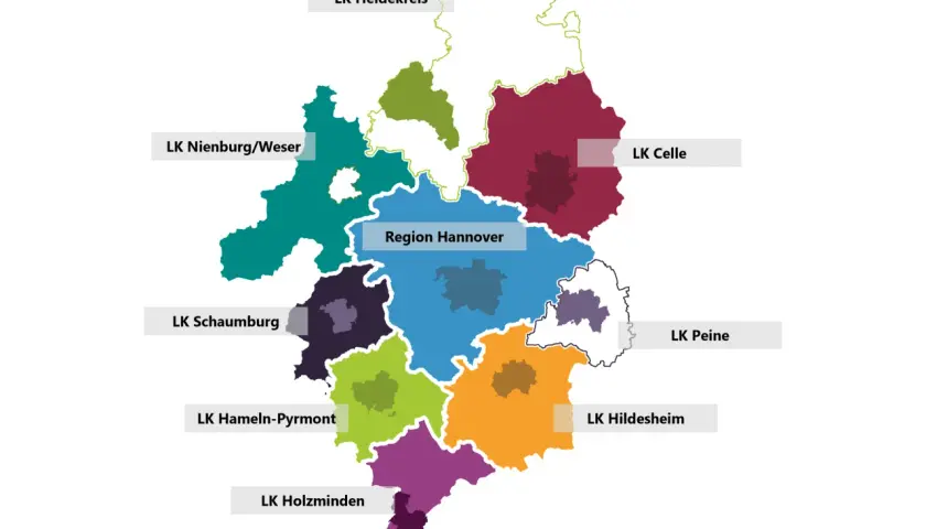 Karte der Region Hannover und umliegender Landkreise. Der Schwerpunkt Jura in Hannover wird durch die zentrale Lage der Region verdeutlicht.