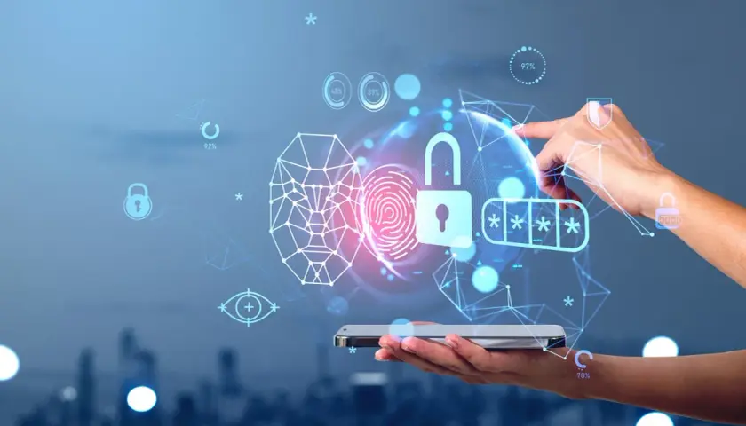 Digitale Sicherheit im Fokus: Ein Finger berührt eine virtuelle Welt mit Symbolen für Sicherheit, Fingerabdrücke und Passwörter. Ideal für ein sicherheitsmanagement studium.
