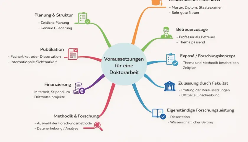 Mindmap zeigt Voraussetzungen für eine Doktorarbeit: akademischer Abschluss (Master, Diplom), Betreuerzusage, Exposé, Zulassung, Forschungsleistung, Methodik, Finanzierung, Publikation, Planung.