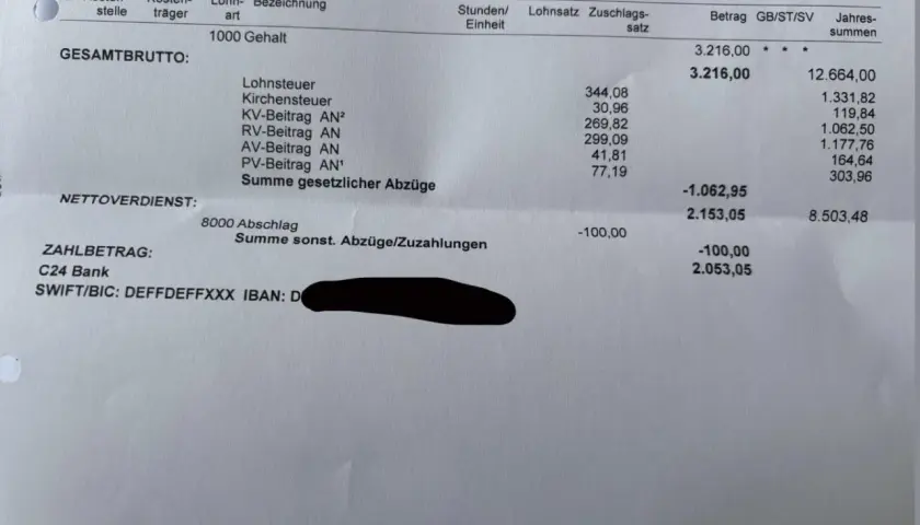 Gehaltsabrechnung zeigt Brutto von 3.216,00. Das Finanzwirtin Gehalt nach Abzügen beträgt 2.053,05.
