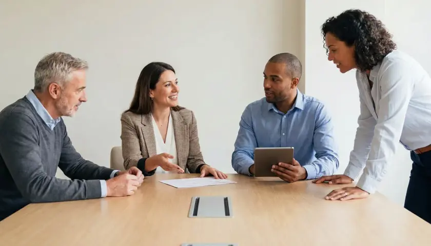 Vier Personen besprechen bei einem Meeting die Gehaltsentwicklung im sozialmanagement.