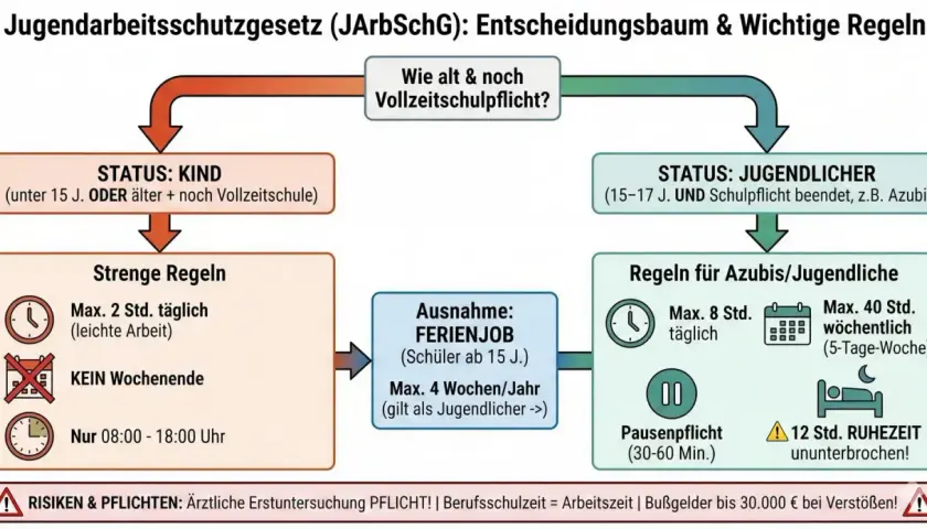 Entscheidungsbaum zum Jugendarbeitsschutz: Regeln für Kinder, Jugendliche und Ferienjobs. Minijob ab 16 möglich.
