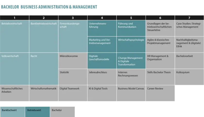 Strukturierte Übersicht der Module für einen Bachelor of Arts in Business Administration, von BWL bis zu Fallstudien.