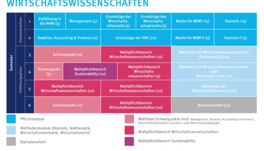 Studienplan für Wirtschaftswissenschaften: Module von Einführung bis Bachelorarbeit, die auf vielfältige wirtschaftswissenschaften berufe vorbereiten.
