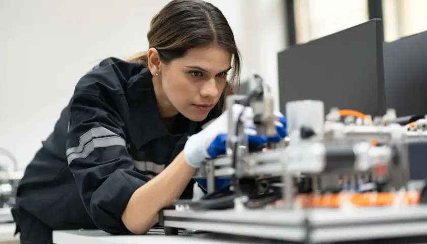 Frau in Arbeitskleidung mit Handschuhen arbeitet konzentriert an einer Maschine. Ein Beispiel für moderne Industrieberufe.