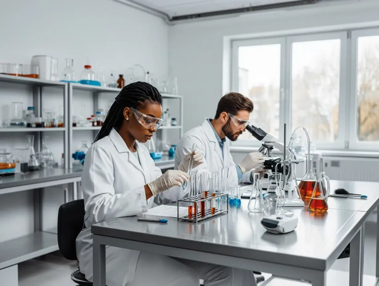 Zwei Wissenschaftler im Labor, die mit Reagenzgläsern und einem Mikroskop arbeiten. Einer von ihnen, ein angehender Master of Laws, vertieft sich in die Forschung.