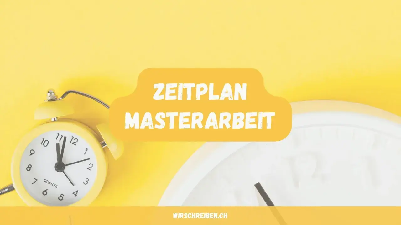 Gelber Wecker und eine Uhr im Hintergrund, dane der Schriftzug "Zeitplan Masterarbeit".